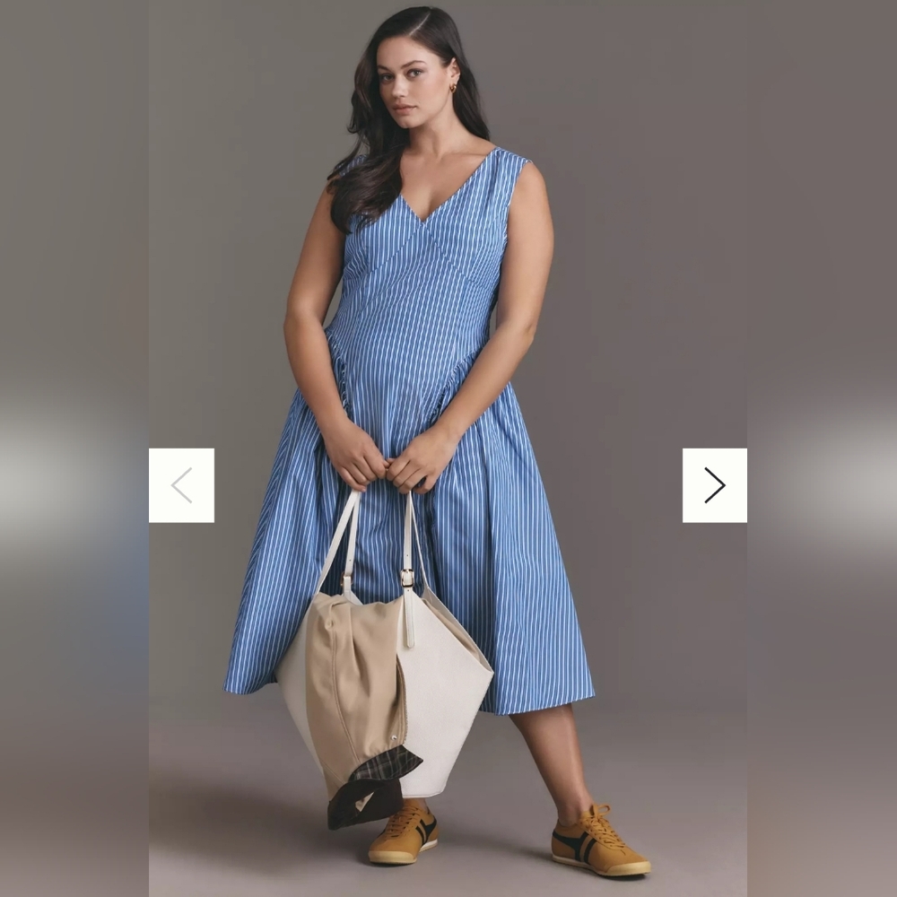 Anthropologie Blue & White Striped V-Neck Midi Sundress - Picture 1 of 10